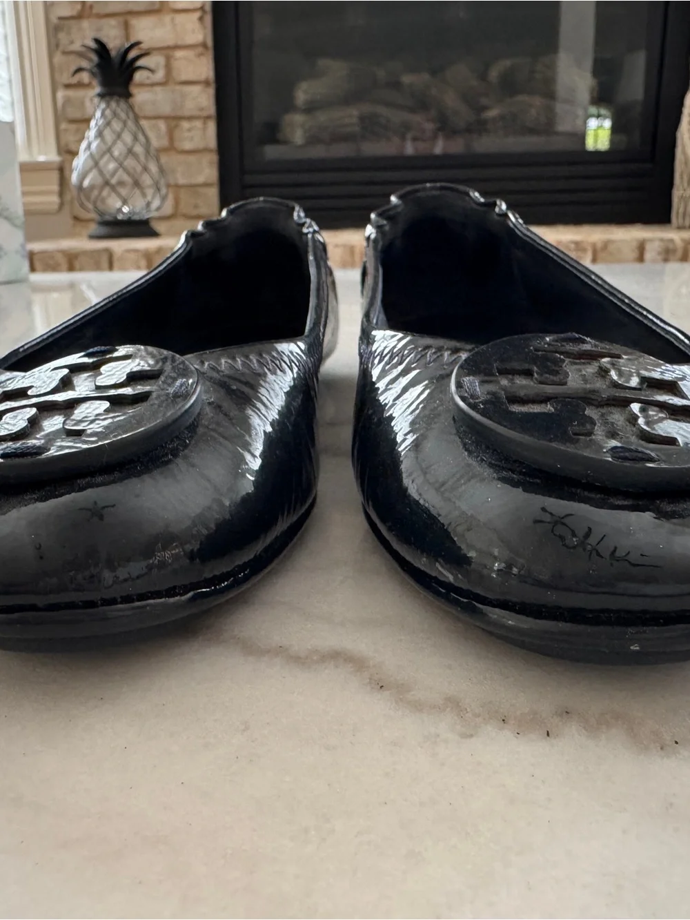 Tory Burch Black Patent Logo Round-Toe Ballet Flats